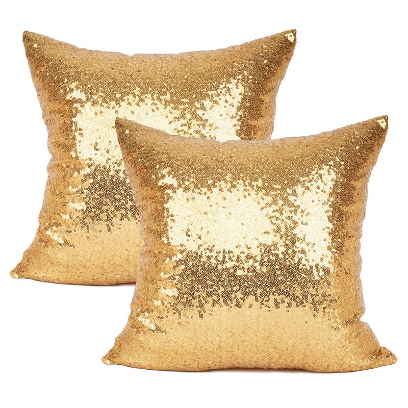 YOUR SMILE Pack of 2 New Luxury Series Gold Blink Decorative Glitzy Sequin & Comfy Satin Solid Throw Pillow Cover Cushion Case for Wedding/Christmas,18" x 18" - Image 1